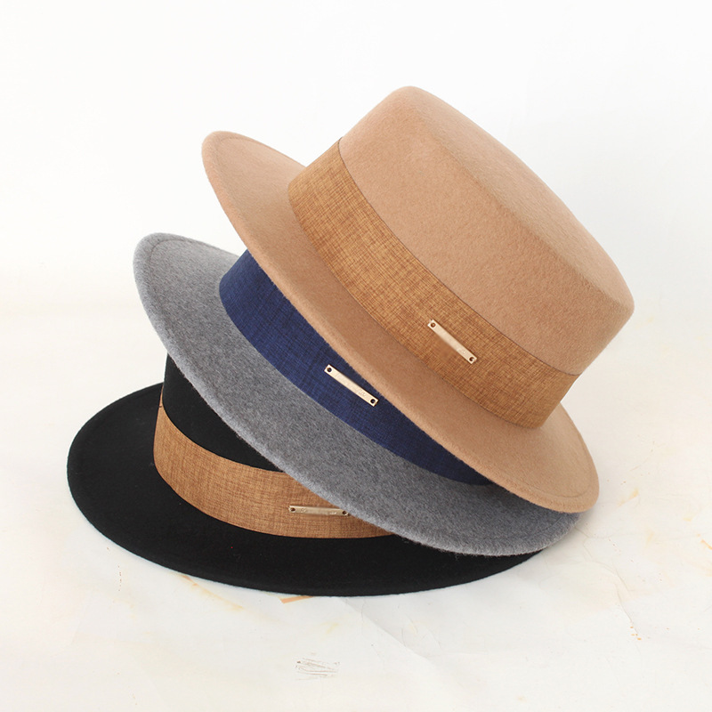 2024 Classic Design Men Women Solid Color Plain Boaters Hat Wool Formal Felt Wide Brim Flat Top Fedora Hat