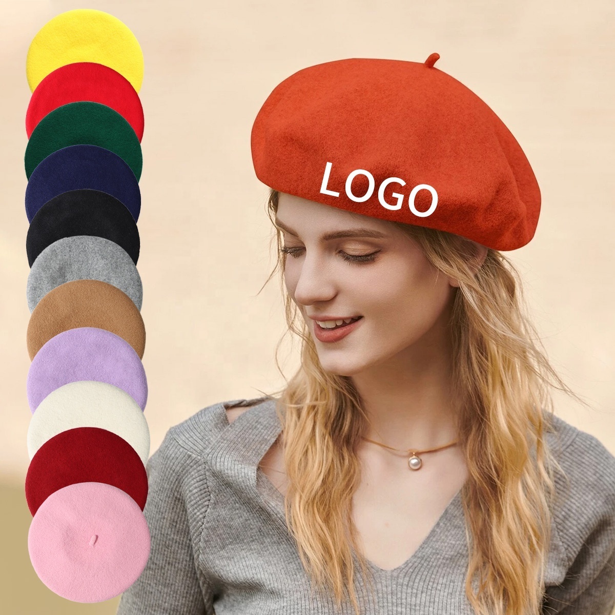 2024 Wholesale Custom Logo Best Quality Cheap 100% Wool Solid Color Plain Autumn Warm Plain French Beret Hat For Women