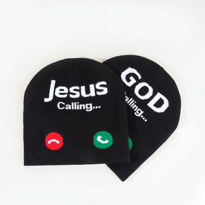 OEM/ODM Unisex Winter/Autumn Warm Acrylic Knitted Hat  " GOD Jesus  " Phone Call Jacquard  Knitted Beanie