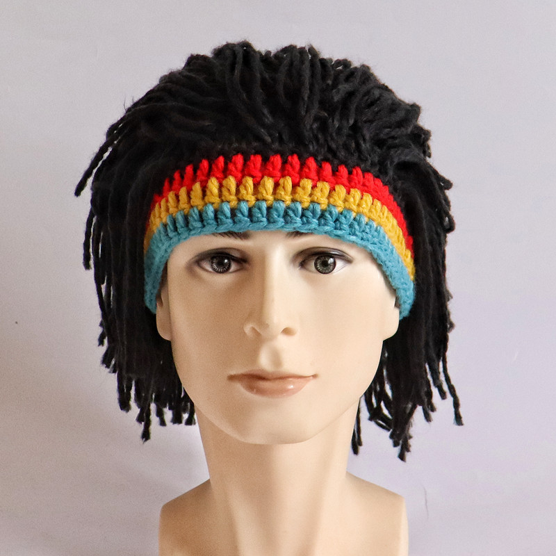 New Designed Decoration Adult Halloween Cosplay Funny Creative Handmade Hat Wig Bearded Hat Handmade Rasta Knitted Party Hat