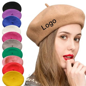 Wholesale Fashion Custom Logo Wool Embroidery Boina Autumn Winter Plain French Solid Color Beret Hat for Women Adults Casual