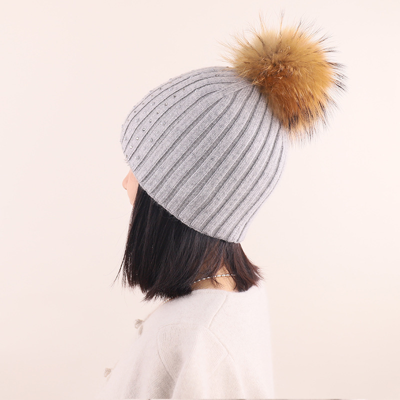 Europe and America Outdoor Warm Woman Fur Pom Pom Raccoon Dog Ball Knitted Hat Mink Cashmere Bead Rhinestone Striped Beanie Knit