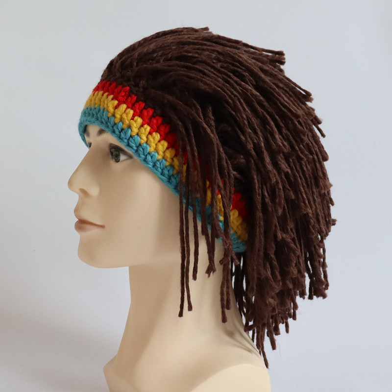 New Designed Decoration Adult Halloween Cosplay Funny Creative Handmade Hat Wig Bearded Hat Handmade Rasta Knitted Party Hat