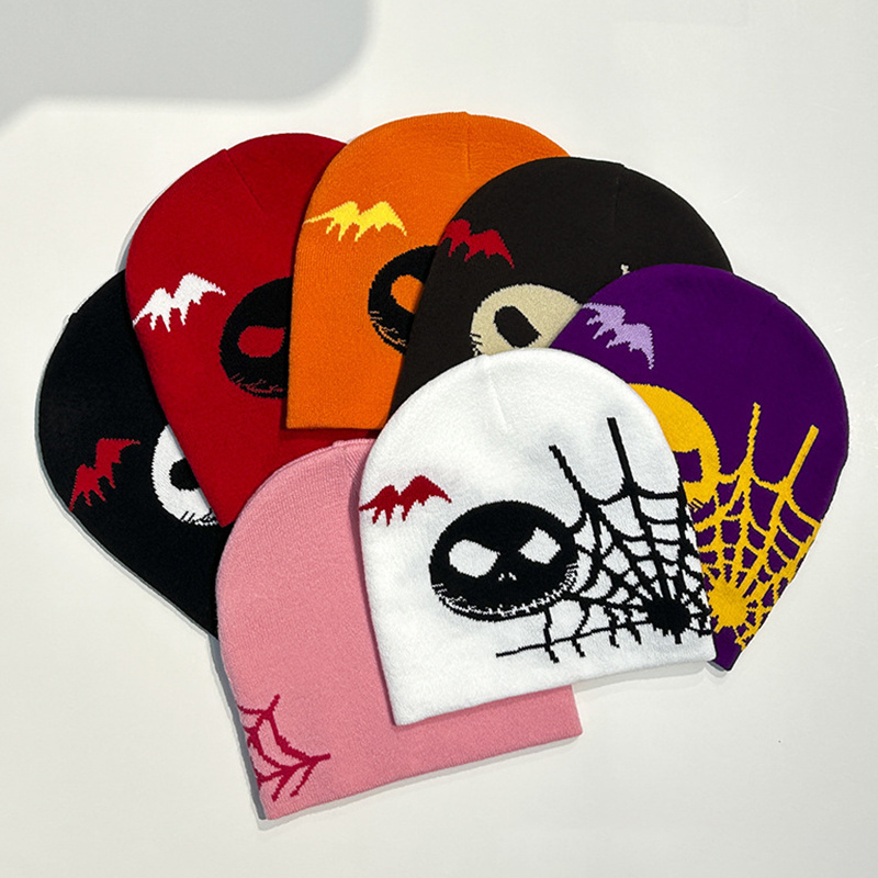 Custom Logo Acrylic Knitted Beanie Hat Women Winter Warm Halloween Jacquard Hats Spider Web Skull Pattern Daily Use Wool Beanies