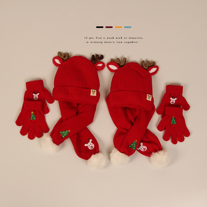 Christmas Children Knitted Hat Scarf Gloves Set Winter Warm Crochet Beanie Women Thick Pom Pom Hats Mittens Set