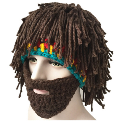 New Designed Decoration Adult Halloween Cosplay Funny Creative Handmade Hat Wig Bearded Hat Handmade Rasta Knitted Party Hat