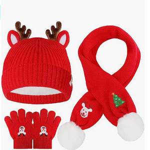 Christmas Children Knitted Hat Scarf Gloves Set Winter Warm Crochet Beanie Women Thick Pom Pom Hats Mittens Set