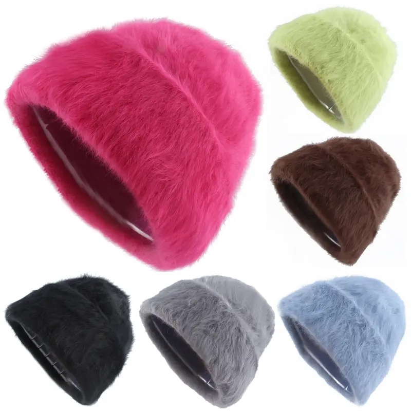 New Design Unisex Rabbit Fur Beanie Hat High Quality Winter Warm Straight Knitted Hat with Multi-Color Printing Sports Parties