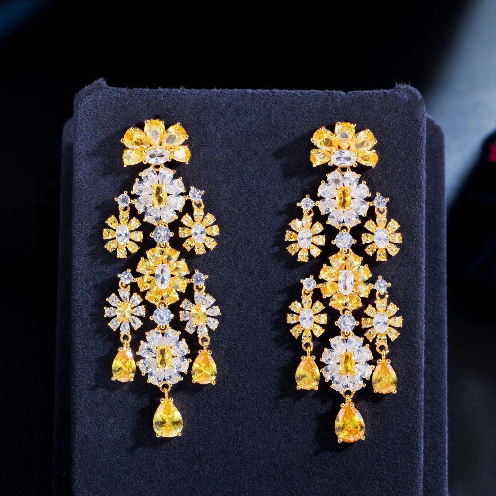 Top Selling Yellow Cubic Zircon Flower Earrings Long Dangle Drop Chandelier Bridal Earrings Wedding Party Jewelry for Women Gift