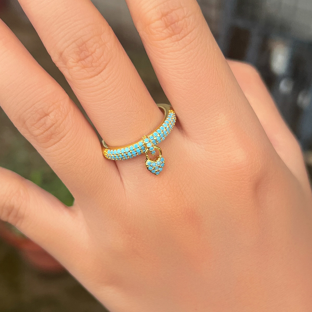 2023 Latest Finger Ring Designs Blue Turquoise Stone Paved Heart Shape Lock Pendant Charm Rings for Women Cubic Zirconia Jewelry