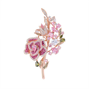 Dazzling Chic Rose Gold Plated Brass Cubic Zircon Filled Flower Leaf Brooch Pin for Women Banquet Party Clothing Brooches