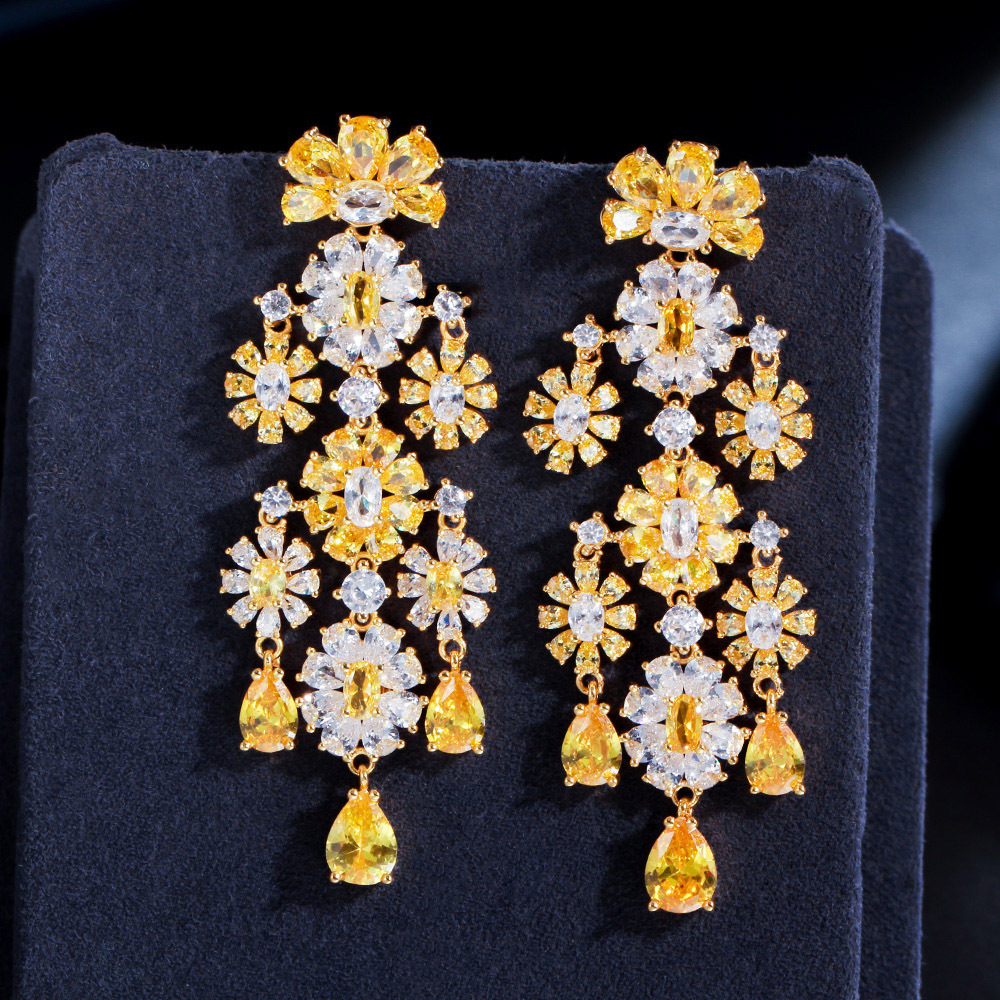 Top Selling Yellow Cubic Zircon Flower Earrings Long Dangle Drop Chandelier Bridal Earrings Wedding Party Jewelry for Women Gift