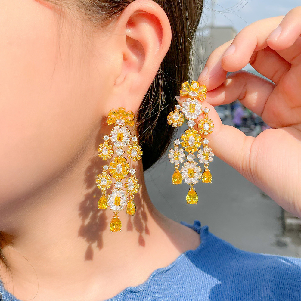 Top Selling Yellow Cubic Zircon Flower Earrings Long Dangle Drop Chandelier Bridal Earrings Wedding Party Jewelry for Women Gift