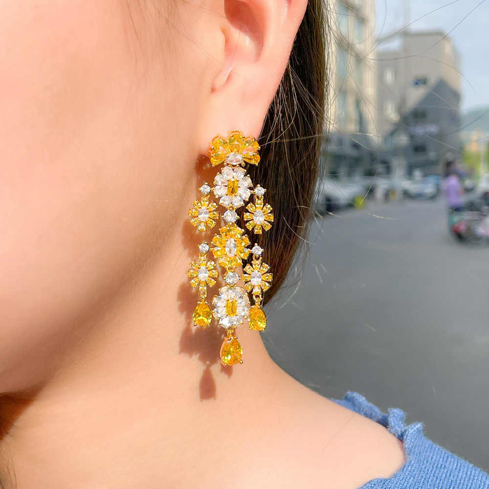 Top Selling Yellow Cubic Zircon Flower Earrings Long Dangle Drop Chandelier Bridal Earrings Wedding Party Jewelry for Women Gift