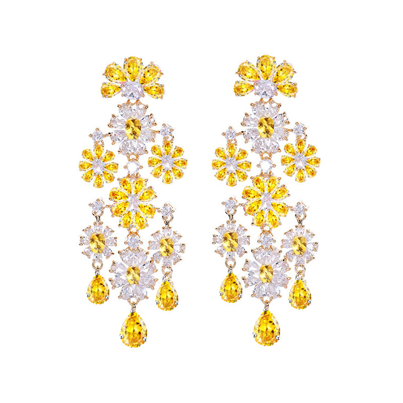 Top Selling Yellow Cubic Zircon Flower Earrings Long Dangle Drop Chandelier Bridal Earrings Wedding Party Jewelry for Women Gift