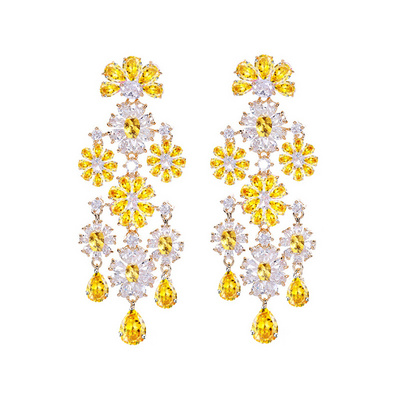 Top Selling Yellow Cubic Zircon Flower Earrings Long Dangle Drop Chandelier Bridal Earrings Wedding Party Jewelry for Women Gift