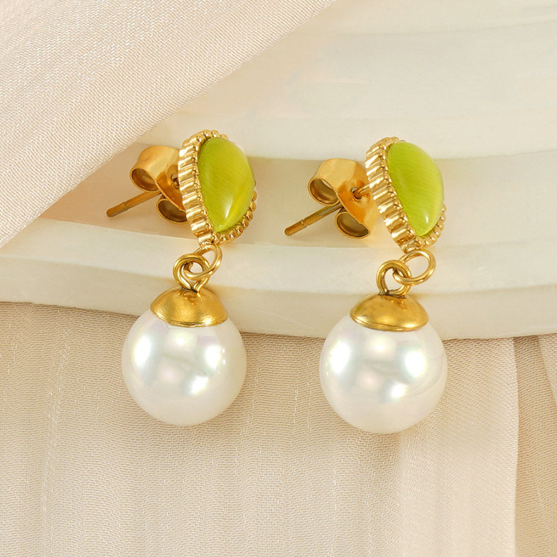 Elegant Women's Stainless Steel Earrings Cat Eye Stone Inlaid Pearl Pendant Earrings