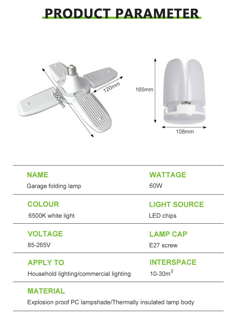 60w Deformanle Led Fan Bulb E27 Adjustable Light Foldable Fan Blade Led Light 360 Degree Energy Saving Led Bulb