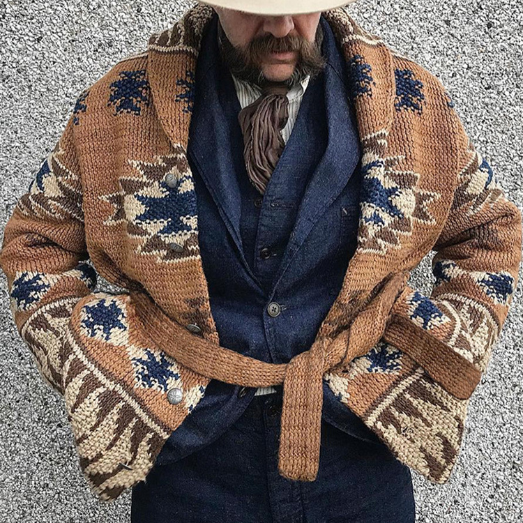 Custom LOGO OEM & ODM Retro Aztec Style Ethnic Winter Jacquard Lapel Mid-Length Thickened  Sweater Cardigan