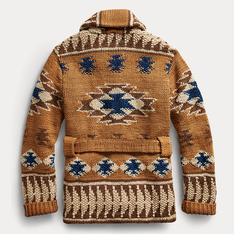 Custom LOGO OEM & ODM Retro Aztec Style Ethnic Winter Jacquard Lapel Mid-Length Thickened  Sweater Cardigan