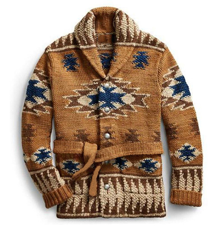 Custom LOGO OEM & ODM Retro Aztec Style Ethnic Winter Jacquard Lapel Mid-Length Thickened  Sweater Cardigan