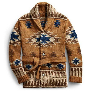 Custom LOGO OEM & ODM Retro Aztec Style Ethnic Winter Jacquard Lapel Mid-Length Thickened  Sweater Cardigan