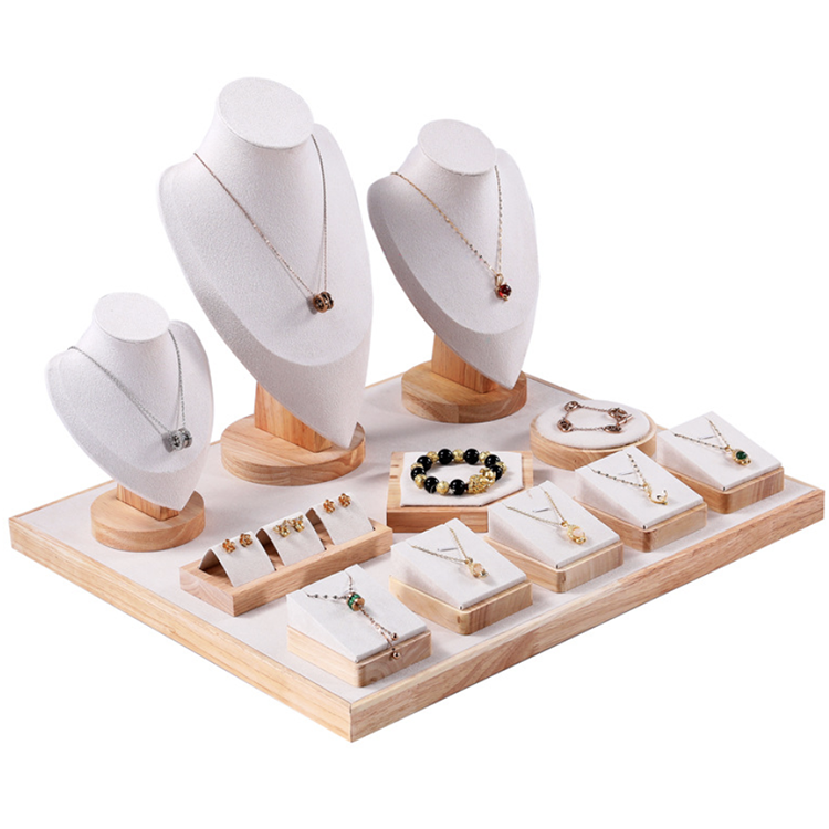 Luxury Wood Velvet Jewelry Store Exhibitor Display Set Bust Necklace Earring Pendant Rack Holder Jewelry Display Set Stand