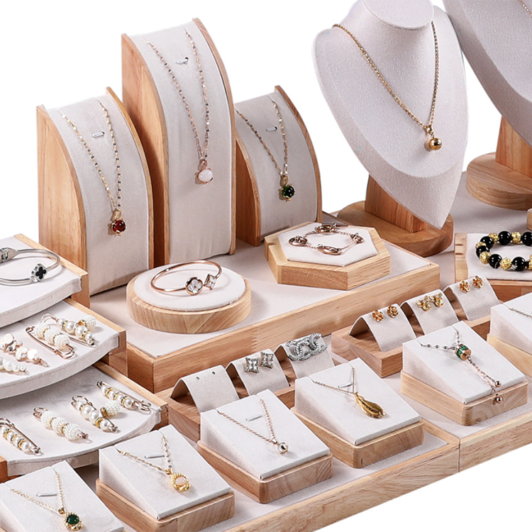 Luxury Wood Velvet Jewelry Store Exhibitor Display Set Bust Necklace Earring Pendant Rack Holder Jewelry Display Set Stand