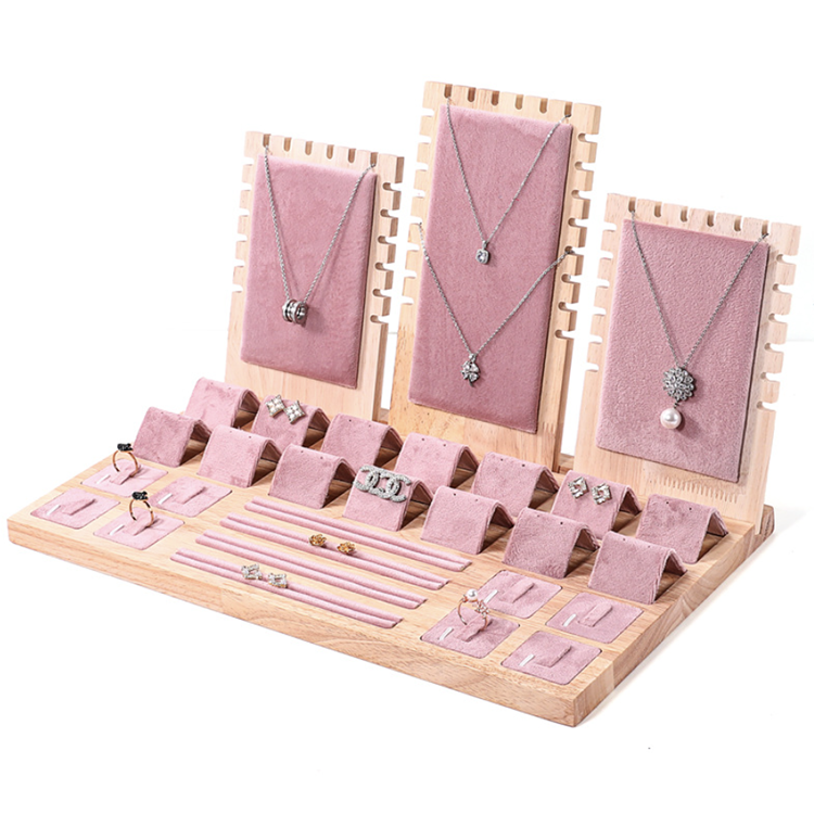 Pink Velvet Jewelry Display Stand Set Luxury Wood Ring Necklace Earring Holder Jewelry Display Tray For Jewelry Store