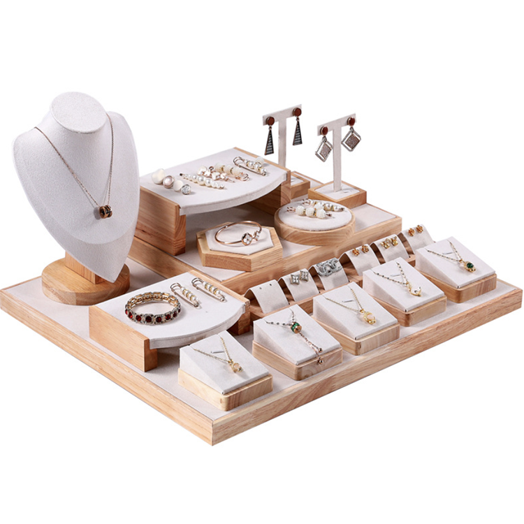 Luxury Wood Velvet Jewelry Store Exhibitor Display Set Bust Necklace Earring Pendant Rack Holder Jewelry Display Set Stand