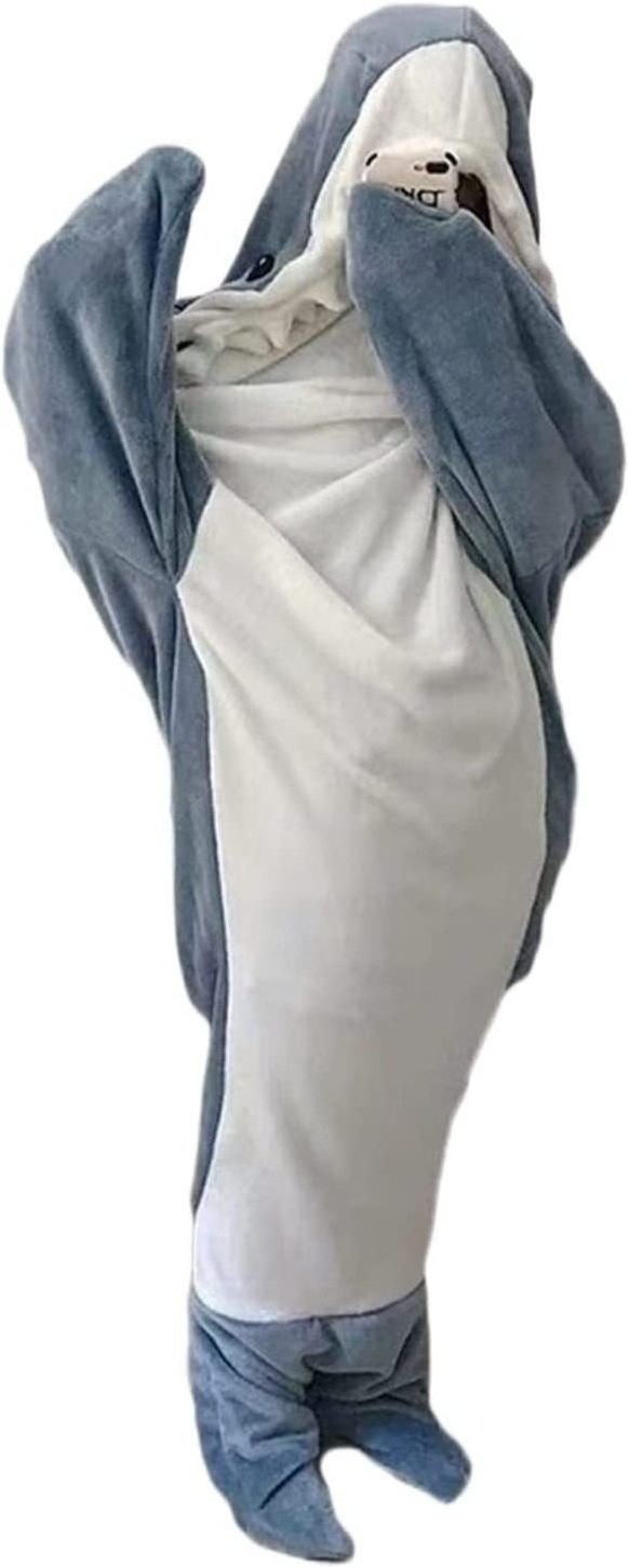 Aiyisha New Cozy Fluffy Fleece Onesie Wearable Full Size Shark Hoodie Blanket For Kids Adults