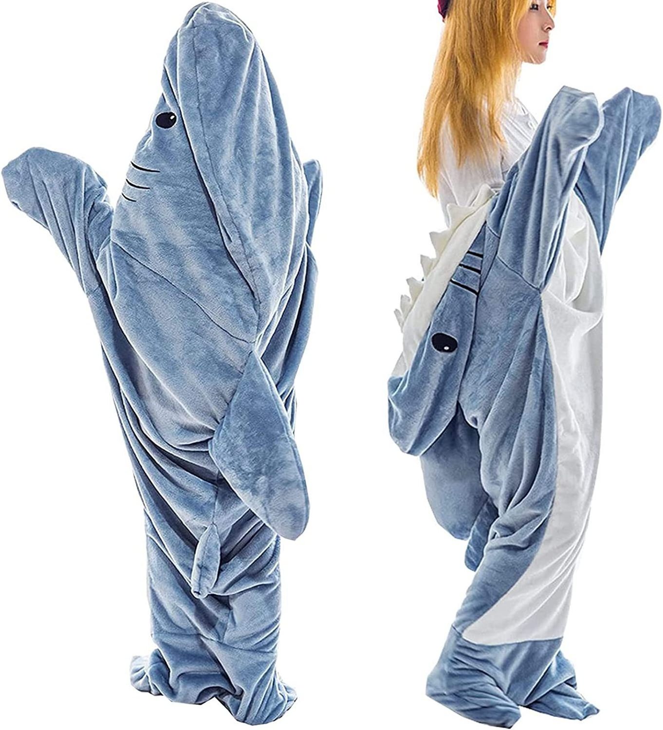 Aiyisha New Cozy Fluffy Fleece Onesie Wearable Full Size Shark Hoodie Blanket For Kids Adults