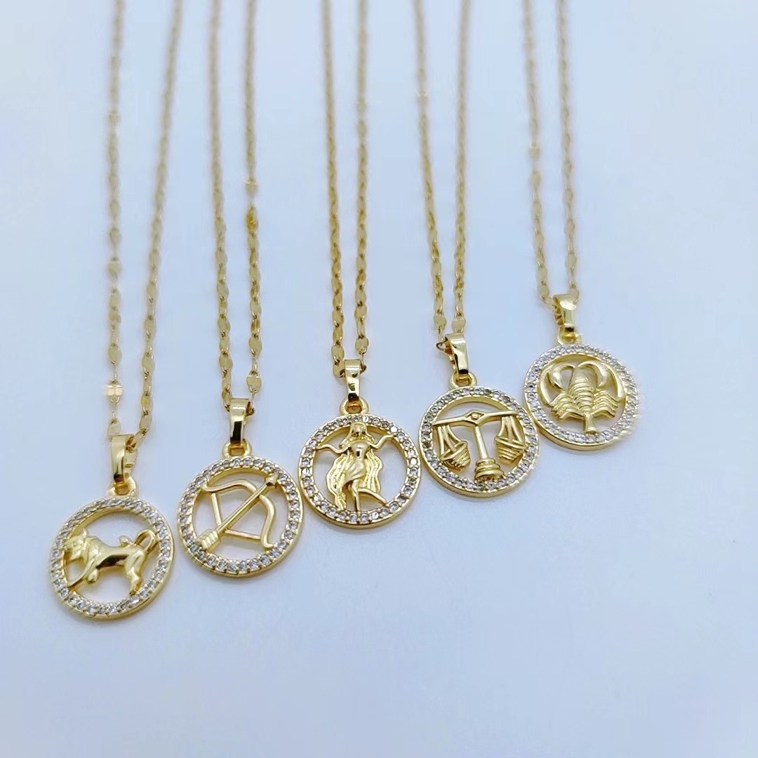 AZL Wholesale Couple Stainless Steel round zodiac sign Pendant Necklace stainless steel jewelry gold filled zodiac necklace