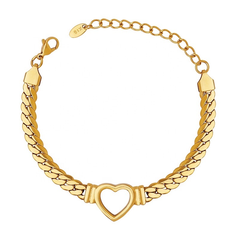 AIZL Wholesale Vogue Jewelry Stainless Steel Heart Bracelet Cuban Chain Hollow Love Heart Bracelet for Girls