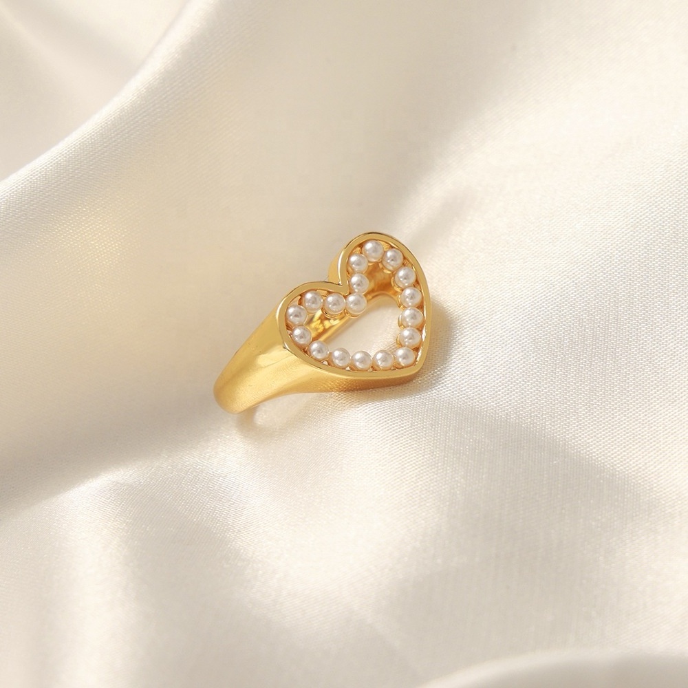 AIZL Love Energy Jewelry Heart Shape Man Made Pearls Ring Stainless Steel 18k Gold Plating Heart Ring