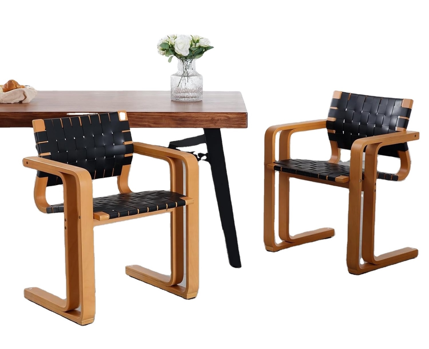 Faux Leather Woven Dining Chairs Set of 2 Black with Natural Wood Backrest Seat and Strap for Home Kitchen Cafes Restaurants