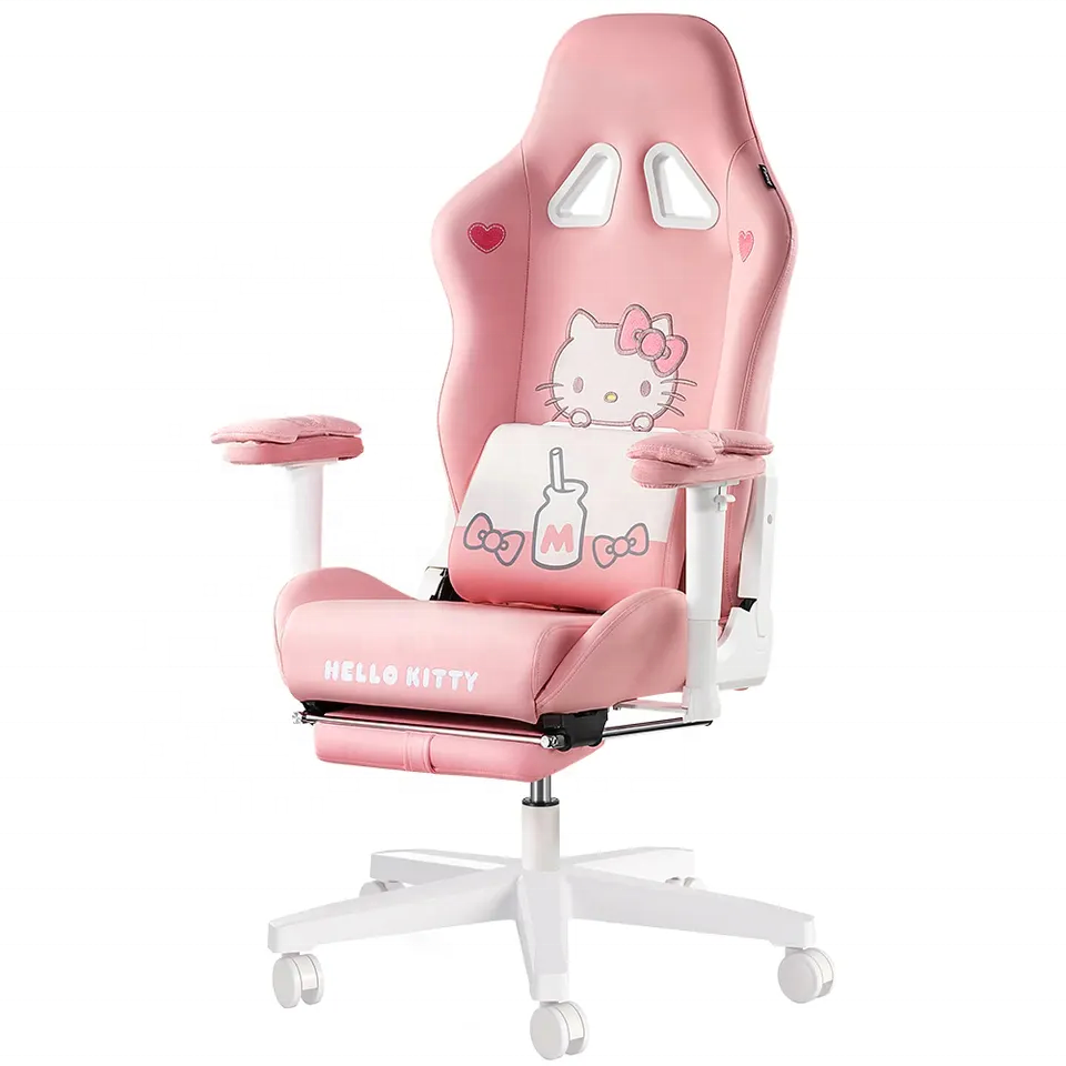 Low Price $78 Cute Pu Leather Nylon Computer Silla Gamers Ergonomic Hello Cute Rosa Pink Gaming Chair With Ottoman For Girls