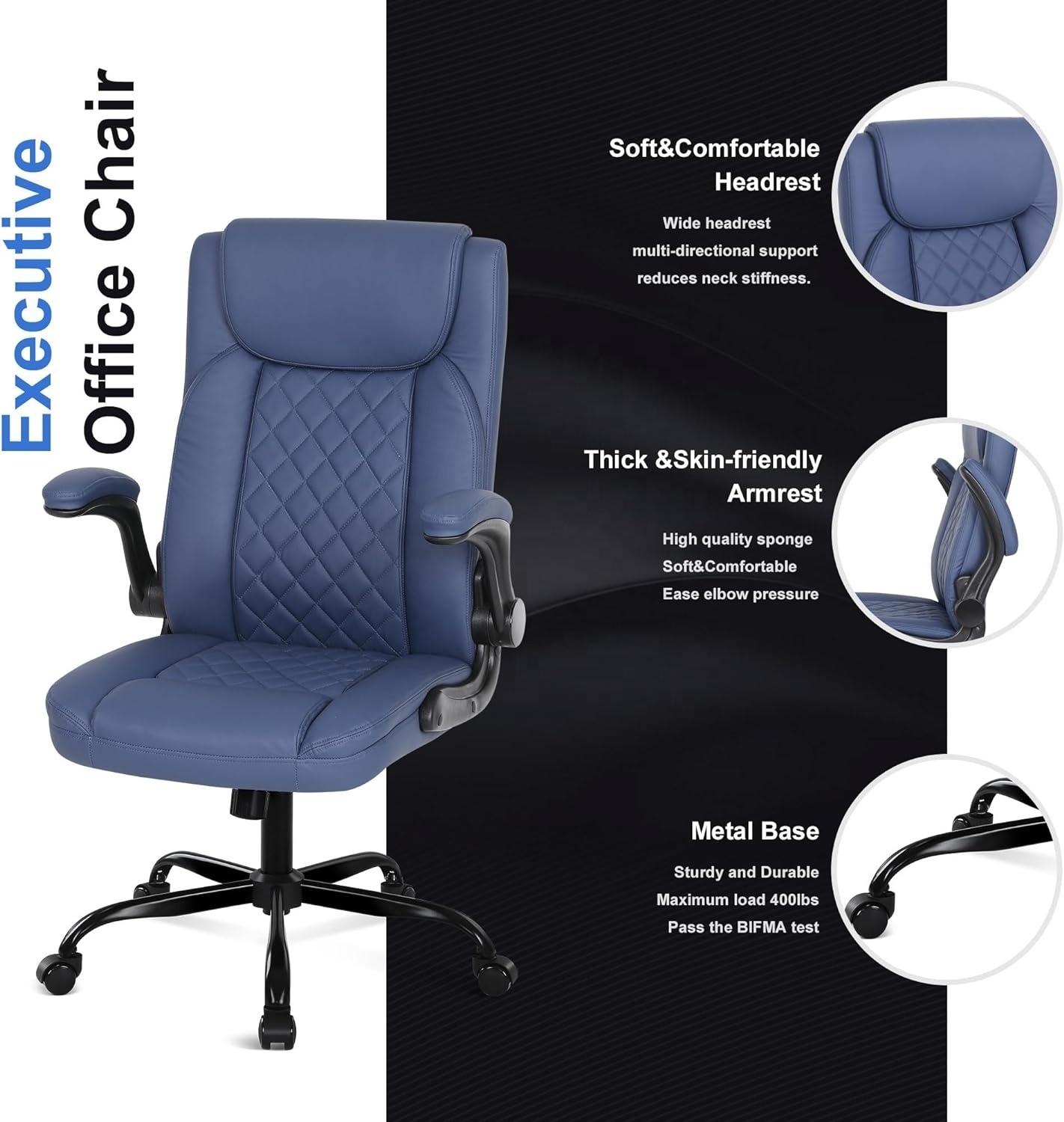 2024 Adjustable Height Navy Blue PU Leather Comfortable Computer Chair S-shaped Big and Tall Office Chair with Adjustable Height