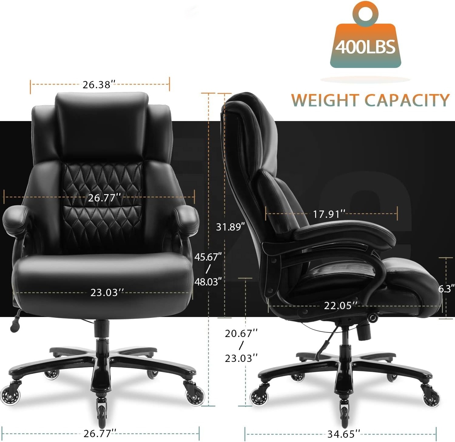 Black Boss Office Chairs Quiet Rubber Wheels Heavy Duty Metal Base Big and Tall 400lbs Office Chair Large Executive Desk Chair