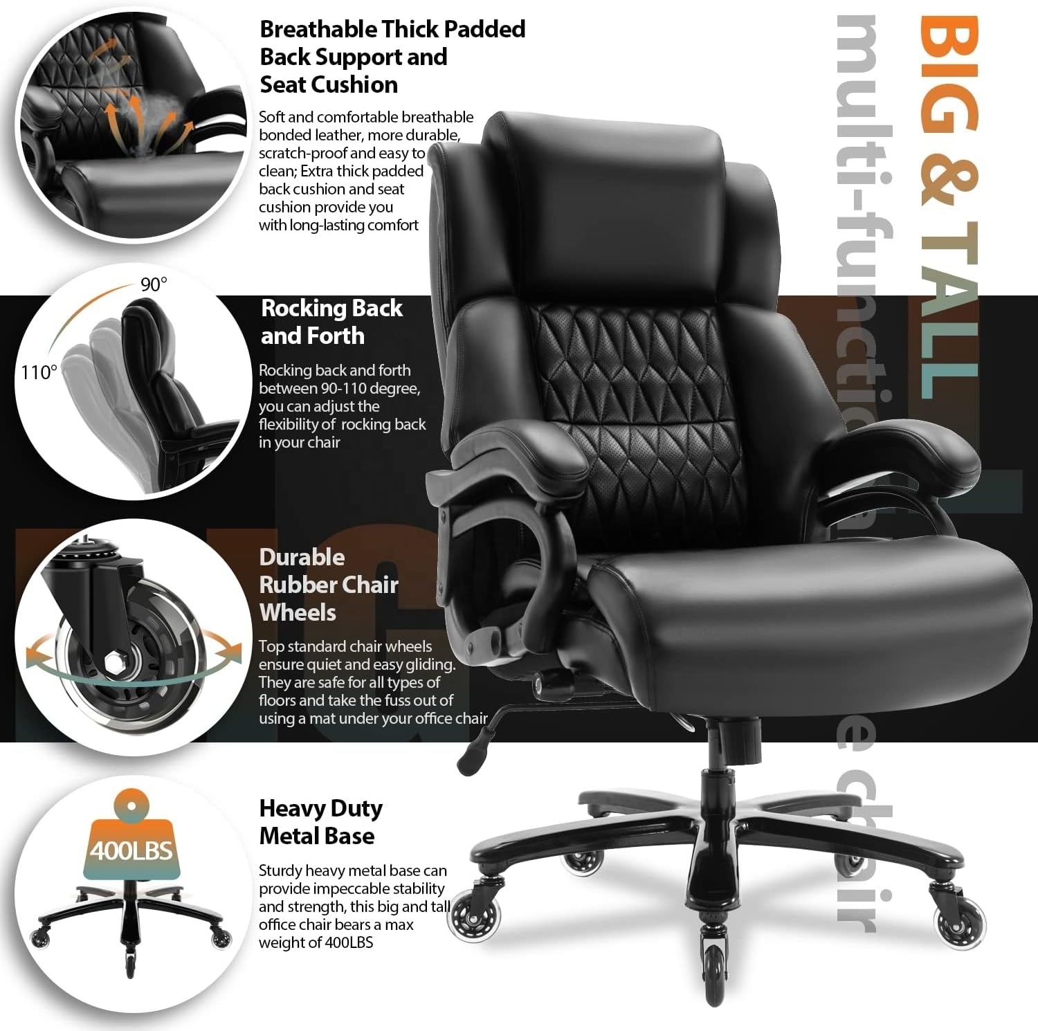 Black Boss Office Chairs Quiet Rubber Wheels Heavy Duty Metal Base Big and Tall 400lbs Office Chair Large Executive Desk Chair