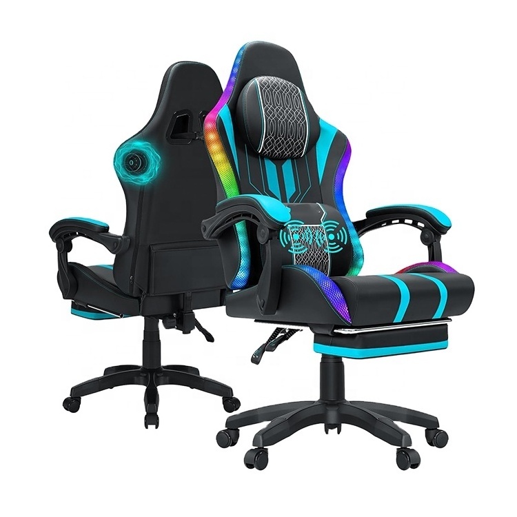 Ca Game Chair Ecuador 400lbs Blue Rgb LED Pc Gamer Gaming Chair with Footrest Speakers and Massage Big and Tall Video Game Chair