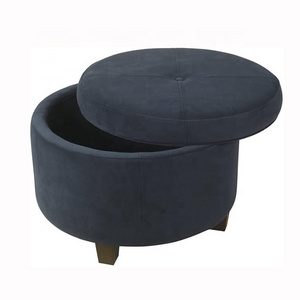 Custom Design Free Blue Navy Fabric Velvet Button Tufted Round Folding Removable Lid Foot Rest Storage Ottoman Stool with Lid