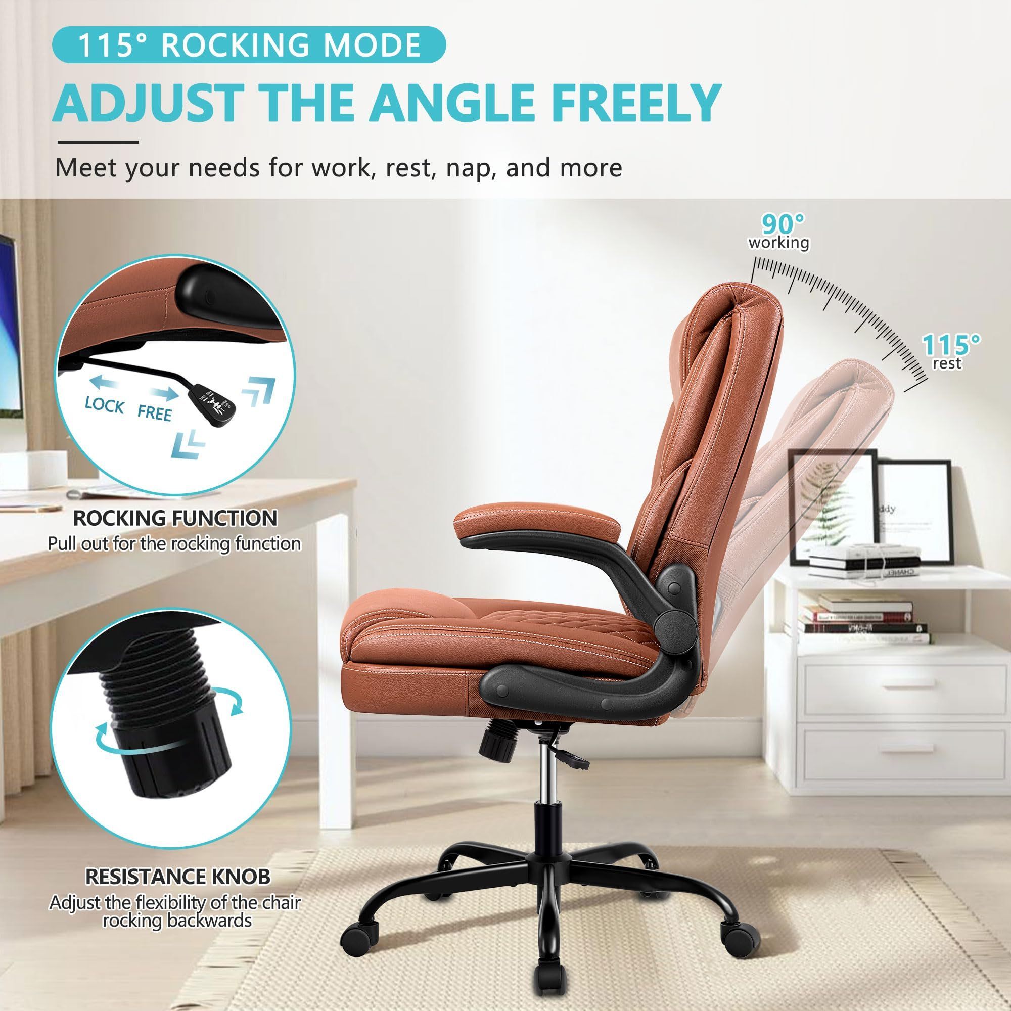 Executive Office Chair Big and Tall Leather Ergonomic Office Chair Lumbar Support Swivel Task Chair with Rocking Function