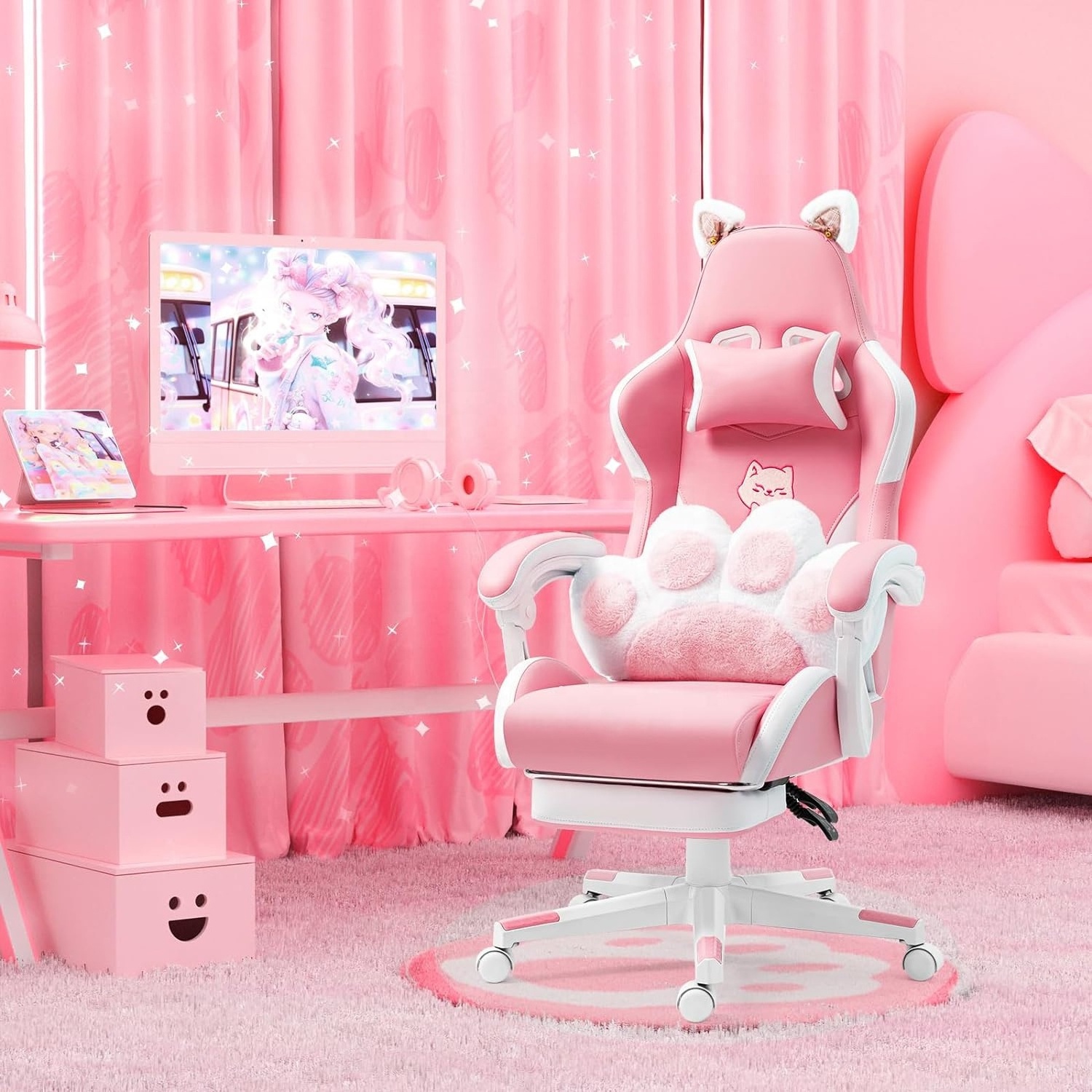 Pink Kitty Gaming Chair Hellos Pink White Leather Home Office Women Girl Cut Cat Gaming Chair Lumbar Pillow Sillas with footrest