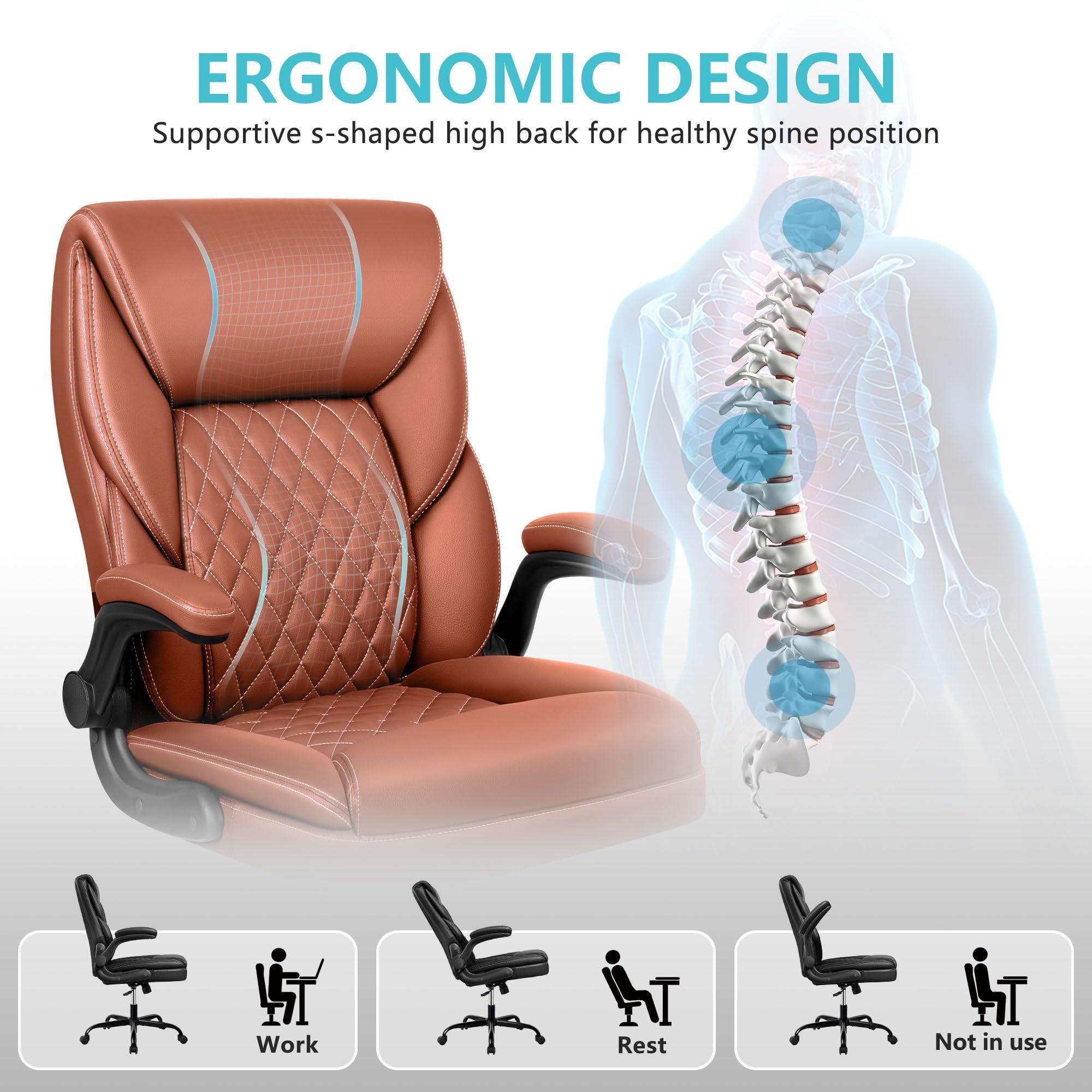 Executive Office Chair Big and Tall Leather Ergonomic Office Chair Lumbar Support Swivel Task Chair with Rocking Function