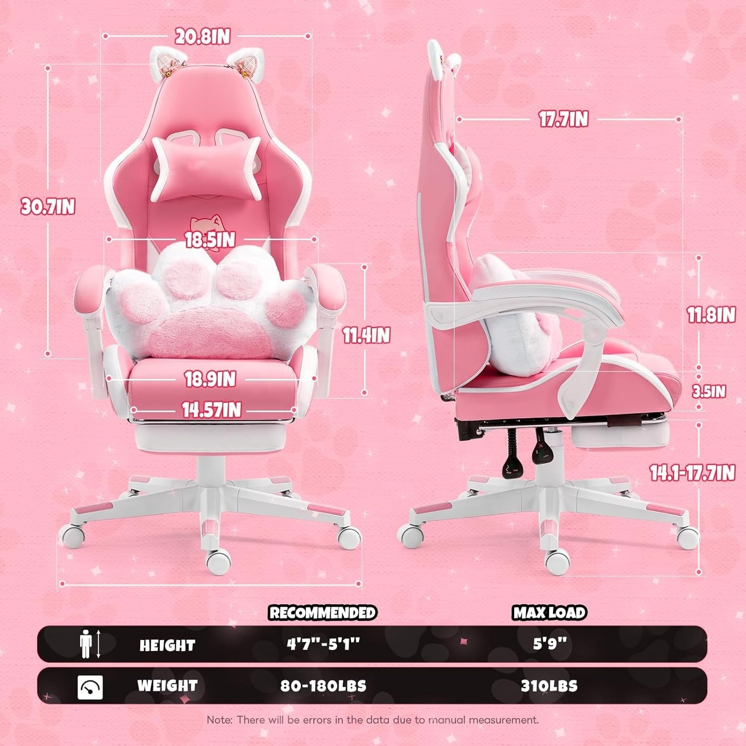 Pink Kitty Gaming Chair Hellos Pink White Leather Home Office Women Girl Cut Cat Gaming Chair Lumbar Pillow Sillas with footrest