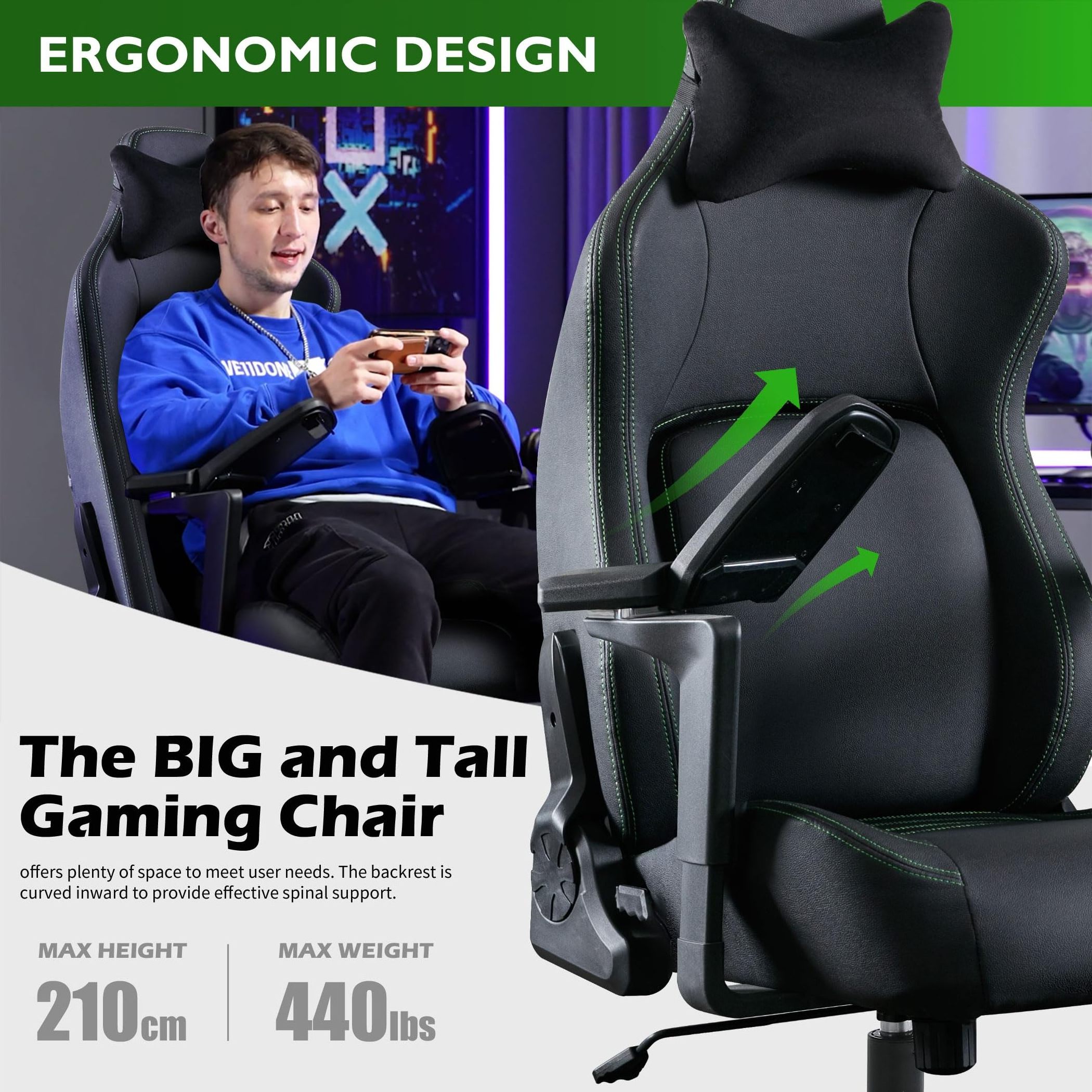 Ergonomic Heavy Duty Office Chair 4d 5d Foldable Armrests Black Best Gaming Chair Big and Tall Gaming Chair for Adults 450lbs