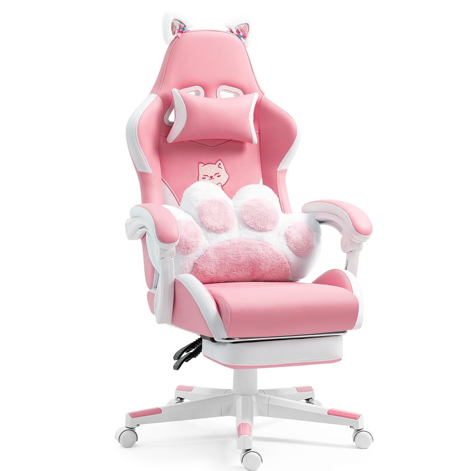 Pink Kitty Gaming Chair Hellos Pink White Leather Home Office Women Girl Cut Cat Gaming Chair Lumbar Pillow Sillas with footrest