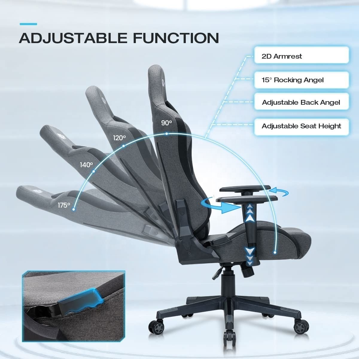 Fabric Gaming Chair Extra Wide Options Office Computer Chair Tilting  Ergonomic Adjustable Swivel Game Chair with 2D Armrests