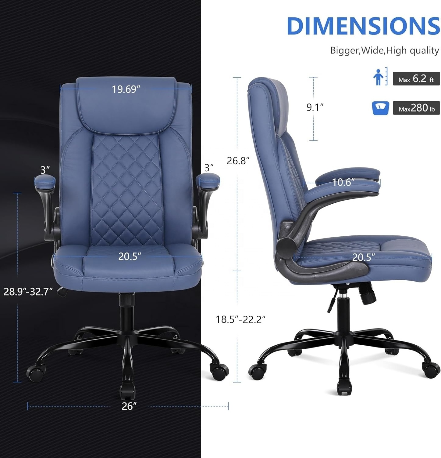 2024 Adjustable Height Navy Blue PU Leather Comfortable Computer Chair S-shaped Big and Tall Office Chair with Adjustable Height